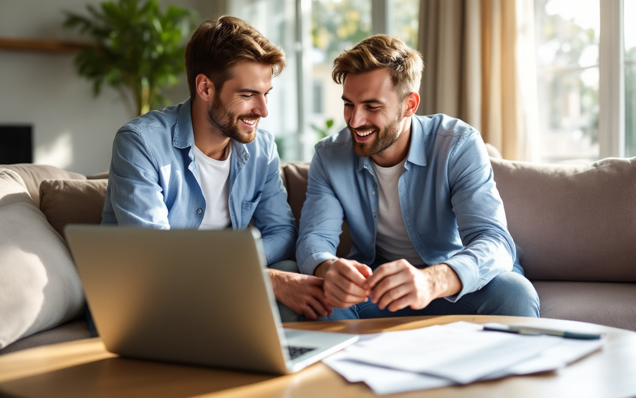 Un couple se discutant du processus d'achat d'une maison dans un salon confortable, avec un ordinateur portable ouvert et des documents sur la table, baignés de lumière douce et chaleureuse.