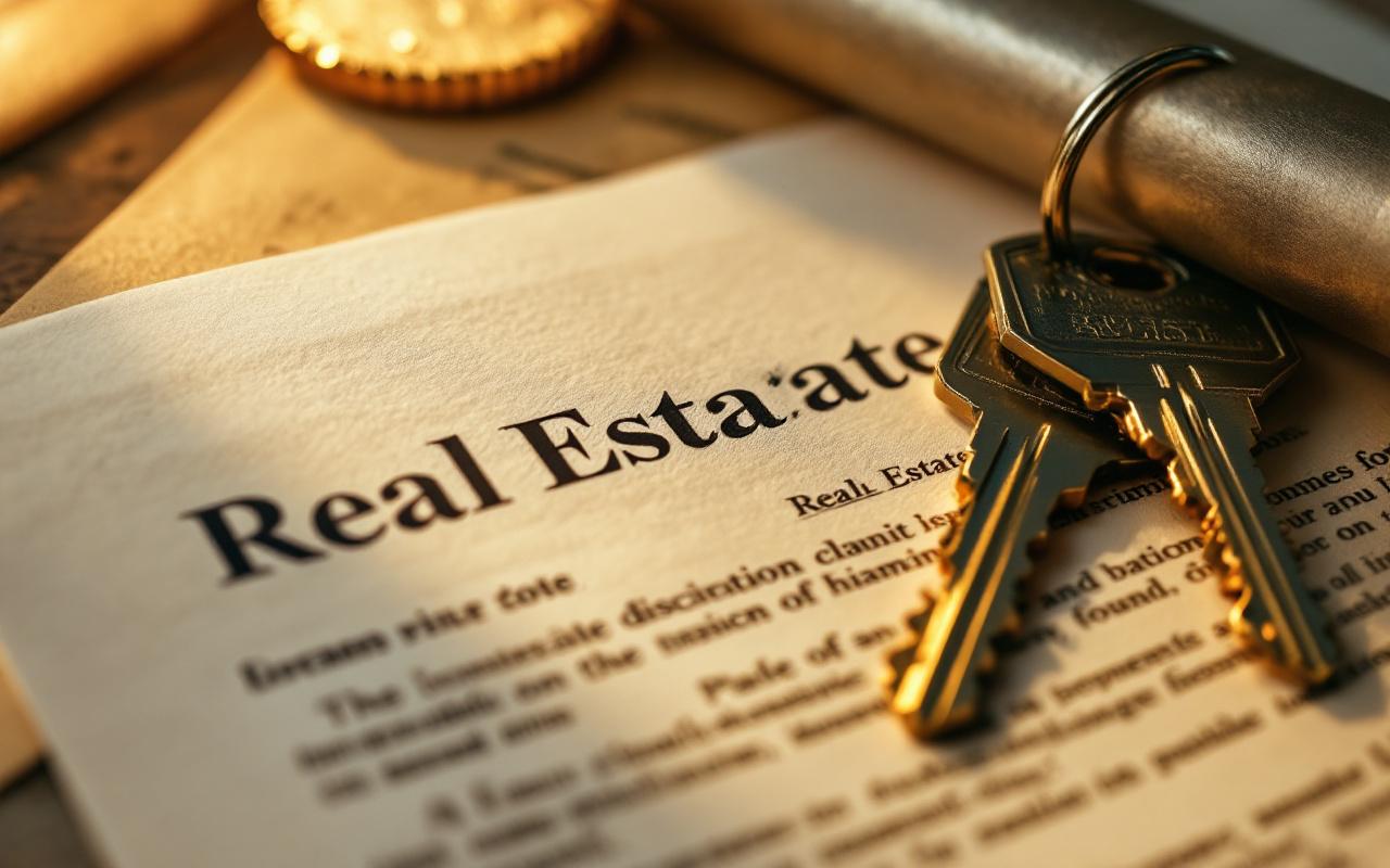 Gros plan sur des documents immobiliers et des clés, mettant en avant les détails des papiers et la texture des clés, dans des tons chauds de brun et d'or.