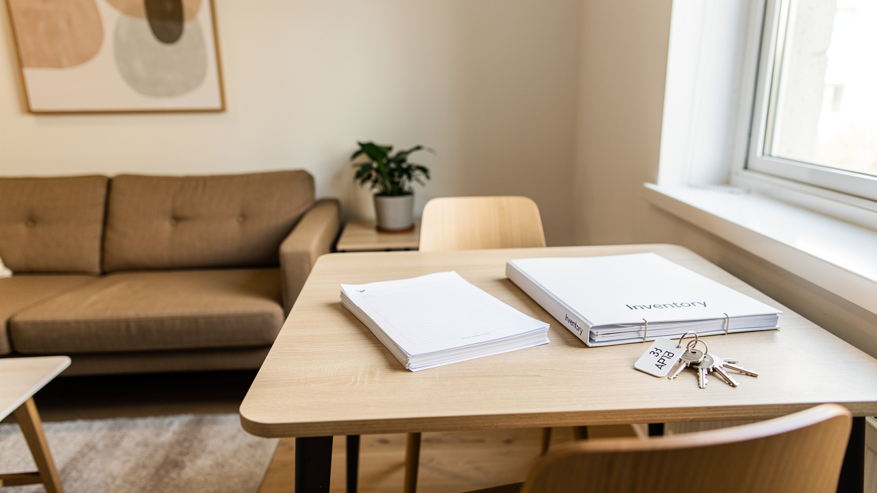 Photographie éditoriale d’un petit appartement meublé et lumineux, avec une table présentant des documents vierges, un dossier d’inventaire sans inscription visible et un trousseau de clés.